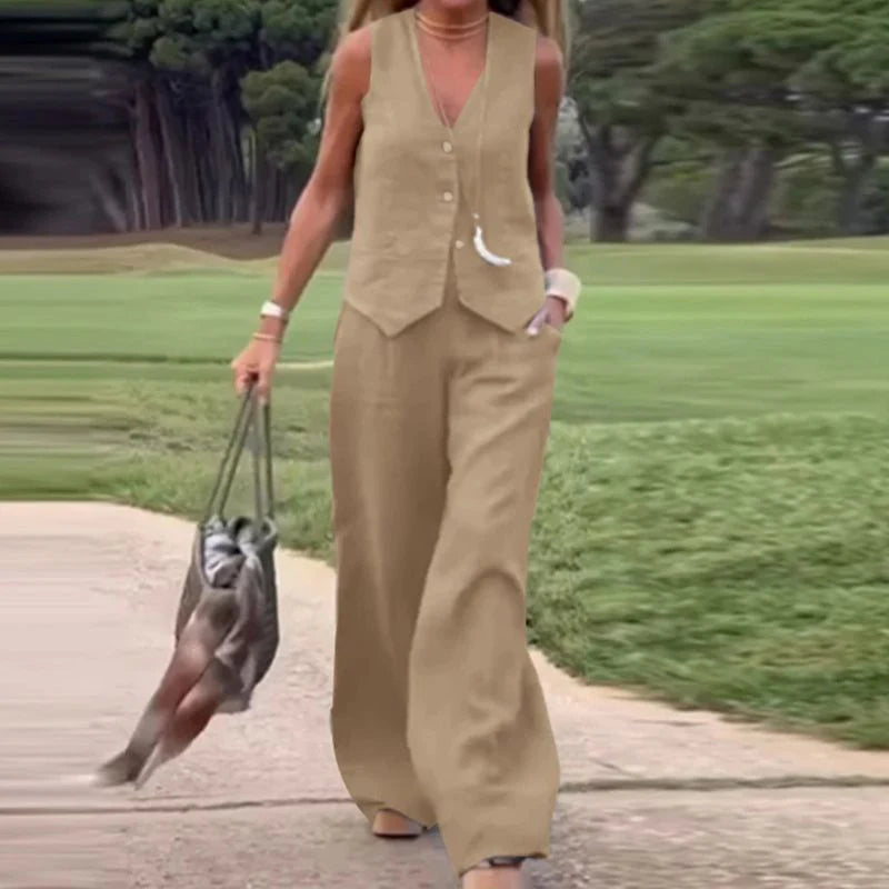 ?Kolorowa kamizelka z zapięciem na guziki i szerokie spodnie, dwuczęściowy zestaw damski - spiiyle