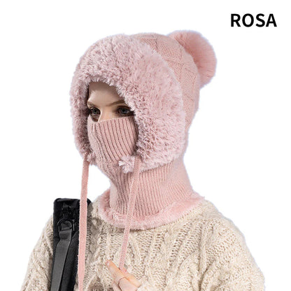 elegantna, debela pletena zimska kapa s toplim pokrivalom za obraz in šalom