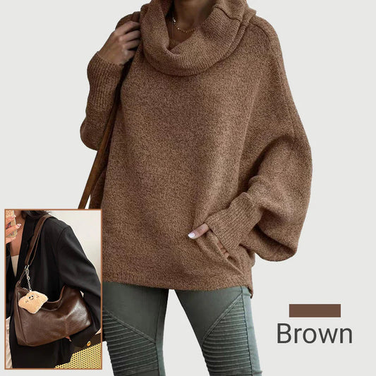 Ženski pulover z netopirskim ovratnikom in žepi