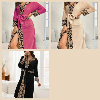 Ženski udoben kopalni plašč s kapuco in leopardjim vzorcem