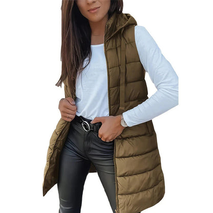 Ženski dolg puhasti brezrokavnik z zadrgo