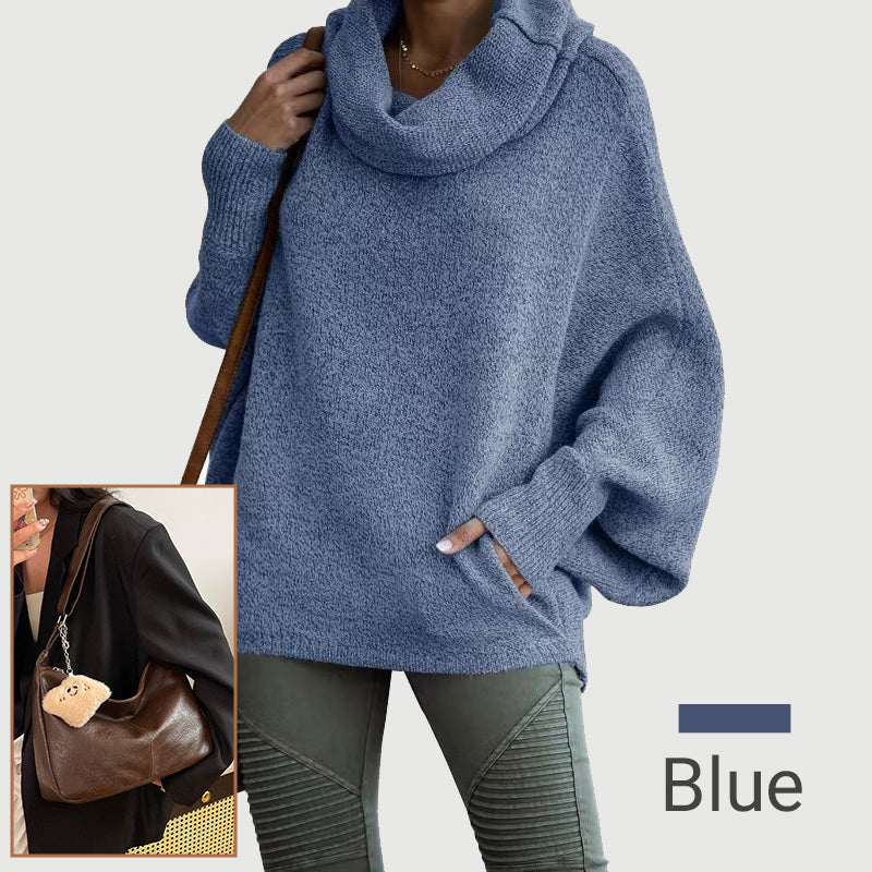 Ženski pulover z netopirskim ovratnikom in žepi