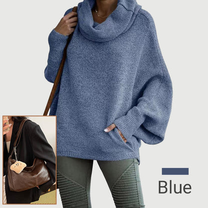 Ženski pulover z netopirskim ovratnikom in žepi