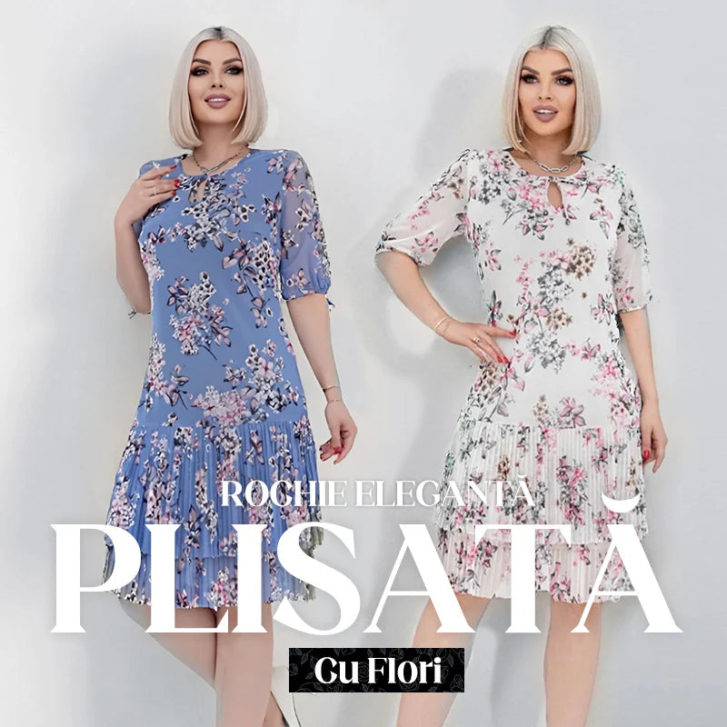 Rochie lungă elegantă cu mânecă scurtă plisată pentru femei - spiiyle