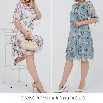 Rochie lungă elegantă cu mânecă scurtă plisată pentru femei - spiiyle