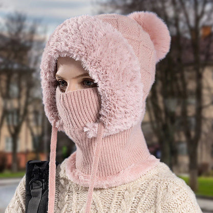 elegantna, debela pletena zimska kapa s toplim pokrivalom za obraz in šalom