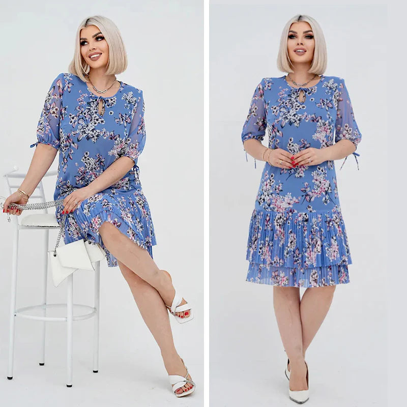 Rochie lungă elegantă cu mânecă scurtă plisată pentru femei - spiiyle