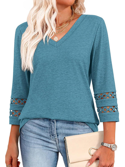 2025 New Womens 3/4 Length Sleeve Tops Trendy V Neck T Shirts - spiiyle