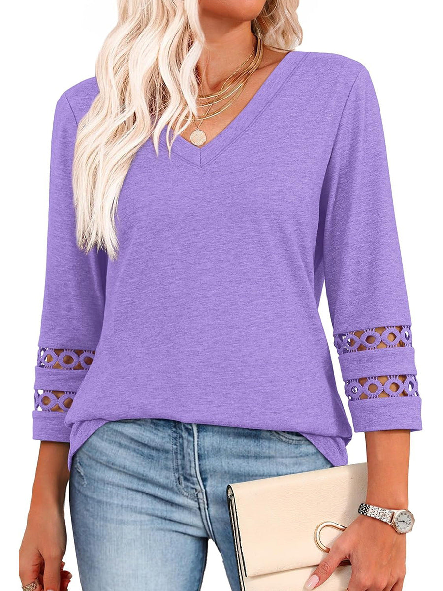 2025 New Womens 3/4 Length Sleeve Tops Trendy V Neck T Shirts - spiiyle