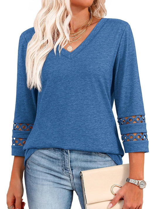 2025 New Womens 3/4 Length Sleeve Tops Trendy V Neck T Shirts - spiiyle