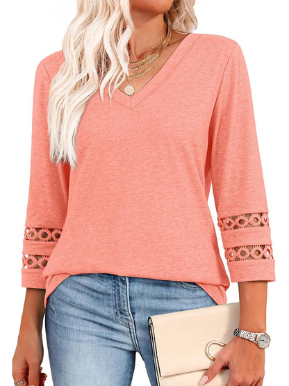 2025 New Womens 3/4 Length Sleeve Tops Trendy V Neck T Shirts - spiiyle
