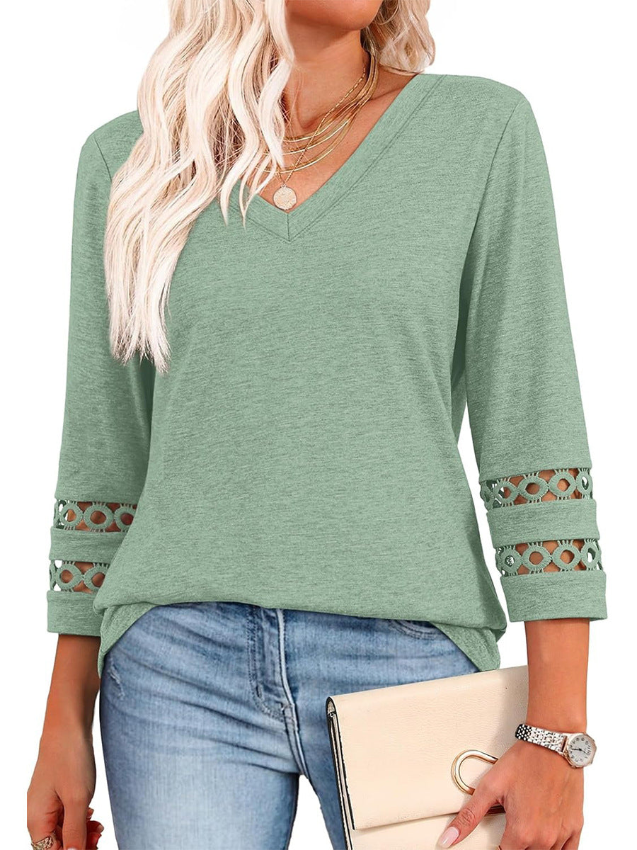 2025 New Womens 3/4 Length Sleeve Tops Trendy V Neck T Shirts - spiiyle