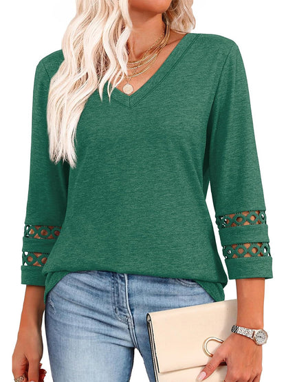 2025 New Womens 3/4 Length Sleeve Tops Trendy V Neck T Shirts - spiiyle