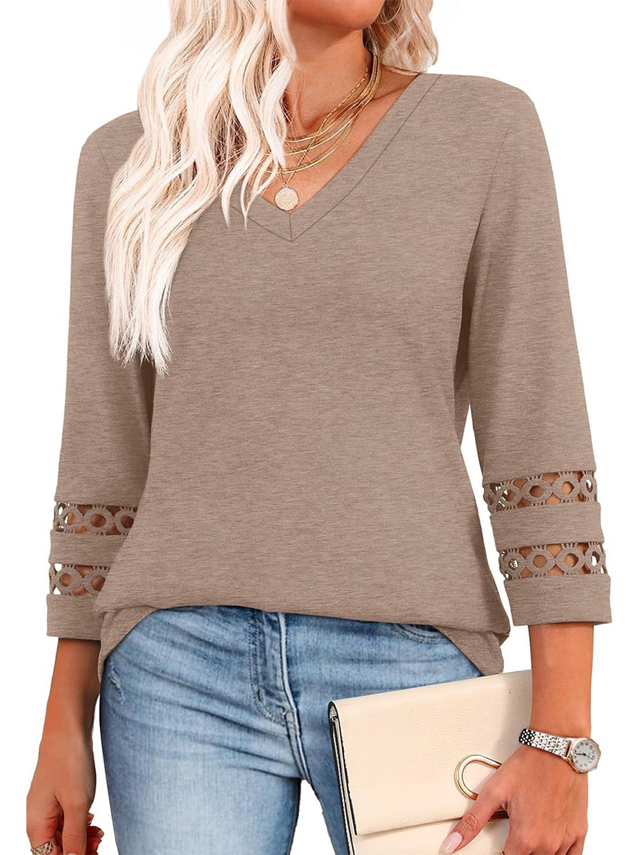 2025 New Womens 3/4 Length Sleeve Tops Trendy V Neck T Shirts - spiiyle
