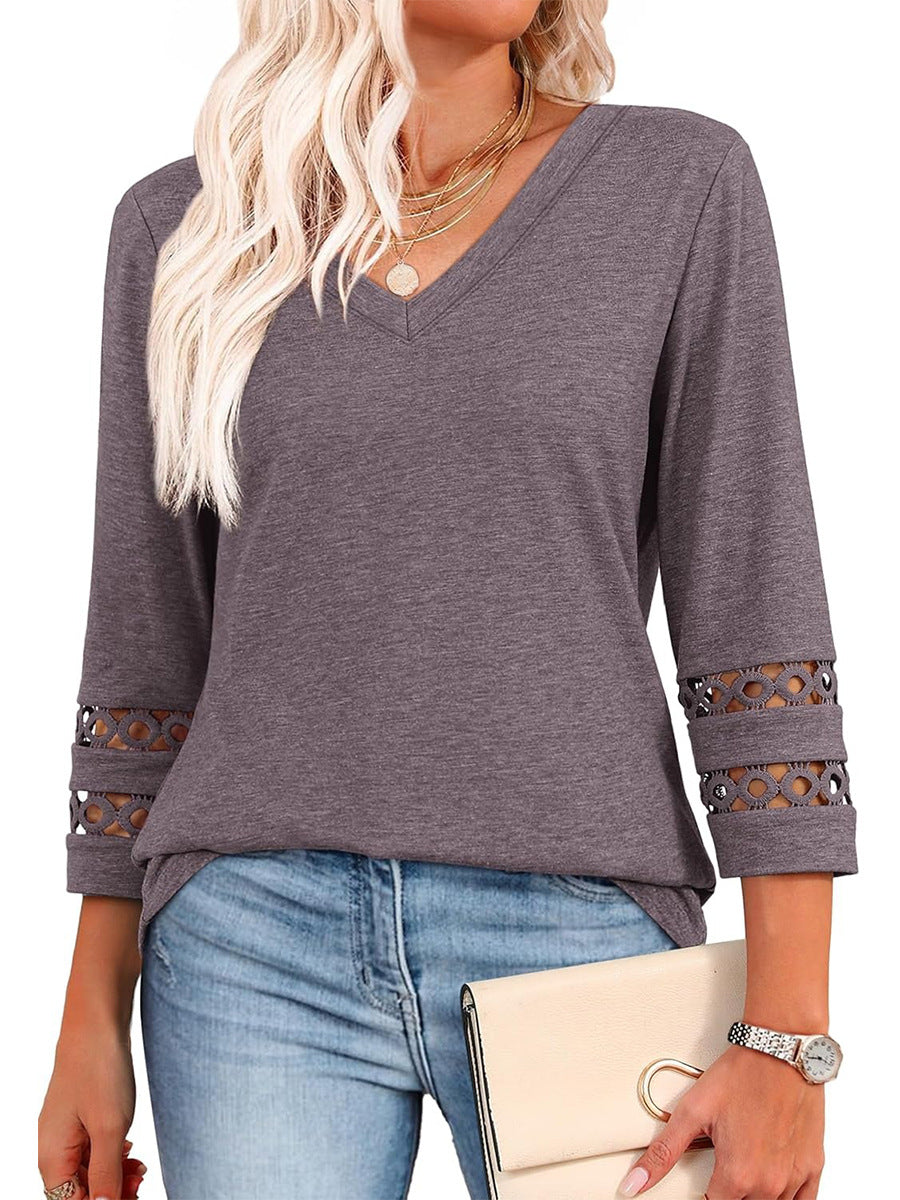 2025 New Womens 3/4 Length Sleeve Tops Trendy V Neck T Shirts - spiiyle