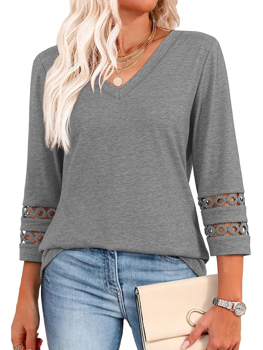 2025 New Womens 3/4 Length Sleeve Tops Trendy V Neck T Shirts - spiiyle