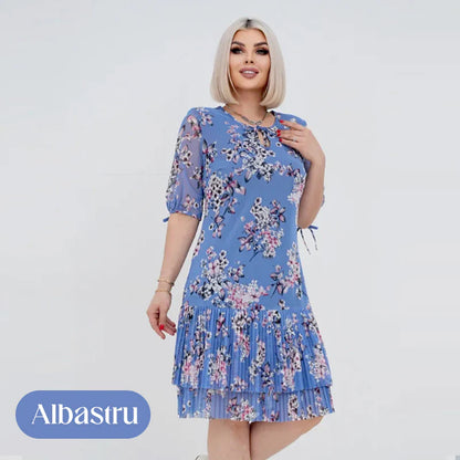 Rochie lungă elegantă cu mânecă scurtă plisată pentru femei - spiiyle