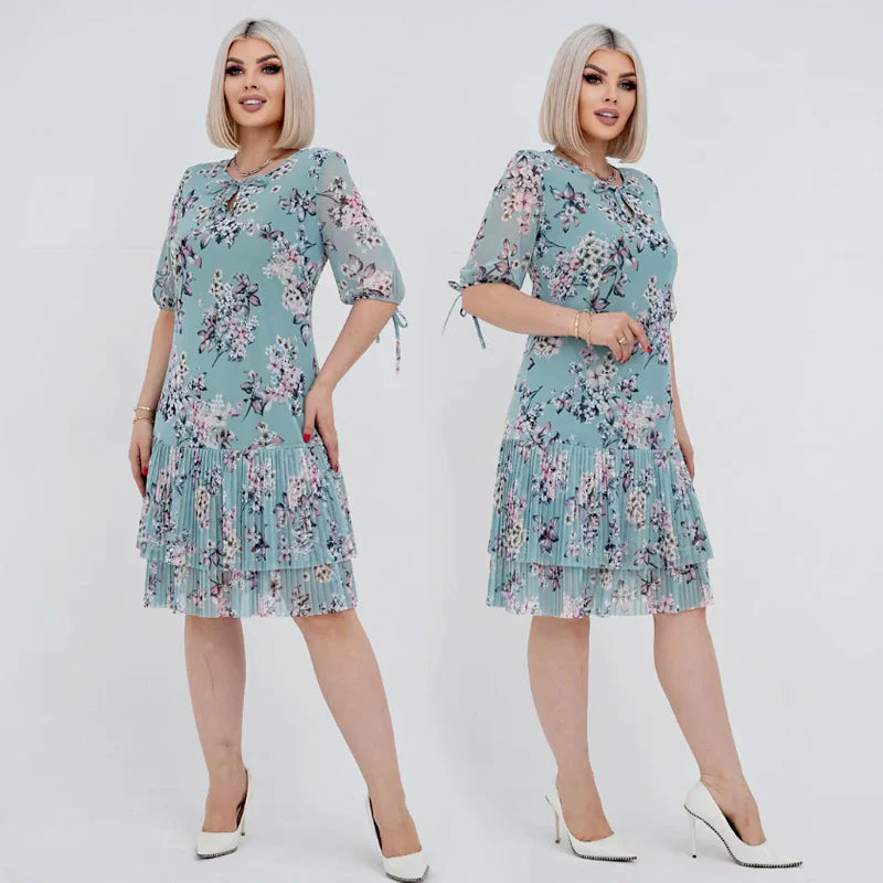 Rochie lungă elegantă cu mânecă scurtă plisată pentru femei - spiiyle